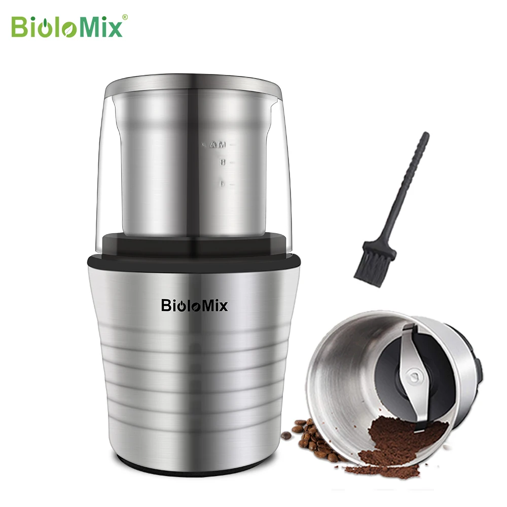 BioloMix 2-in-1 Wet and Dry Double Cups 300W Electric Spices and Coffee Bean Grinder Stainless Steel Body and Miller Blades