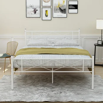 

Metal Platforma Bed Frame with Headboard and Footboard Mattress Foundation Sturdy Steel Structure Bedroom Furniture Full Size