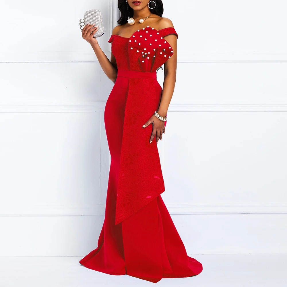 Billig Bodycon Red Meerjungfrau Spitze African Party Kleider Frauen Abendkleid Plus Größen 3XL Elegante Lange Sexy 2019 Backless Off Schulter Kleid