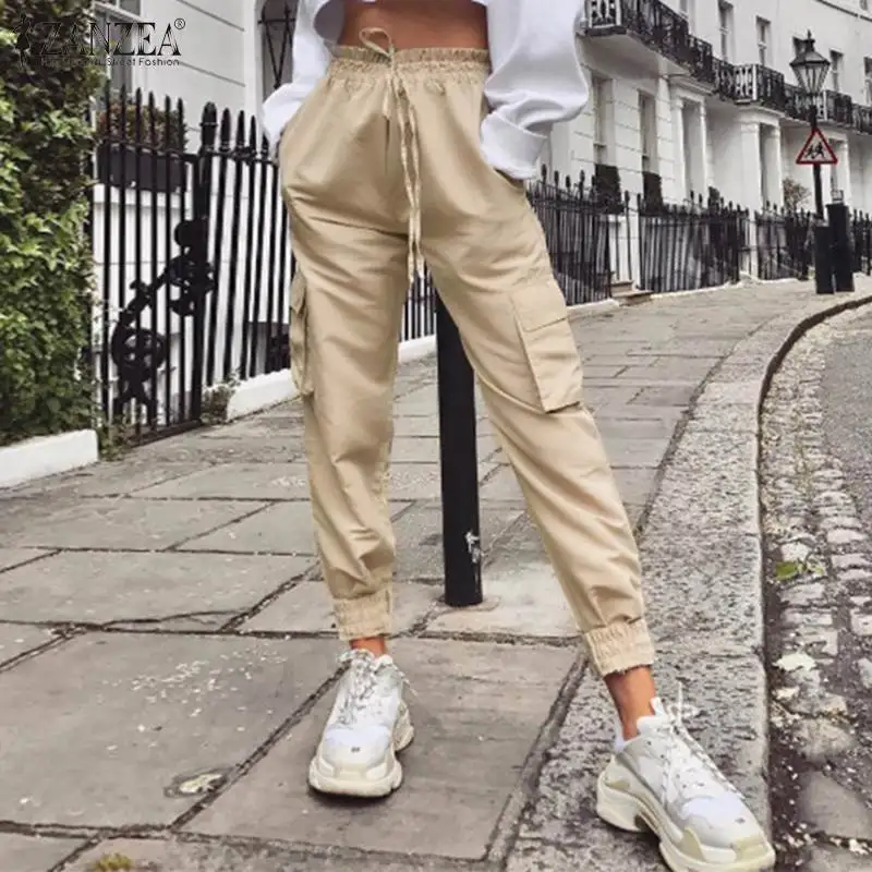 ZANZEA Pantalones de mujer 2020 moda señora alto Wiast Pantalones bolsillos Cargo Pantalones Mujer Pantalones largos Streetwear - AliExpress Ropa de mujer