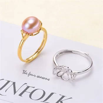 

Real 925 Sterling Silver Women Wedding Engagement Ring Adjustable Simple Round Pearl Ring Mounting