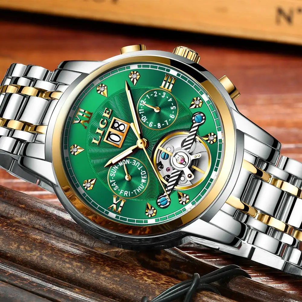 LIGE оригинальные мужские часы автоматические механические Tourbillon Роскошные из