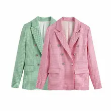 Manteau à carreaux Double boutonnage pour femme, veste à revers à manches longues, vêtement d'extérieur pied de poule, 2021 