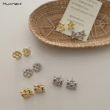 

HUANZHI 2020 New Retro Geometri Round Square Five-pointed Star Gold Silver Color Hollow out Earring for Women Girls Jewelry Gift