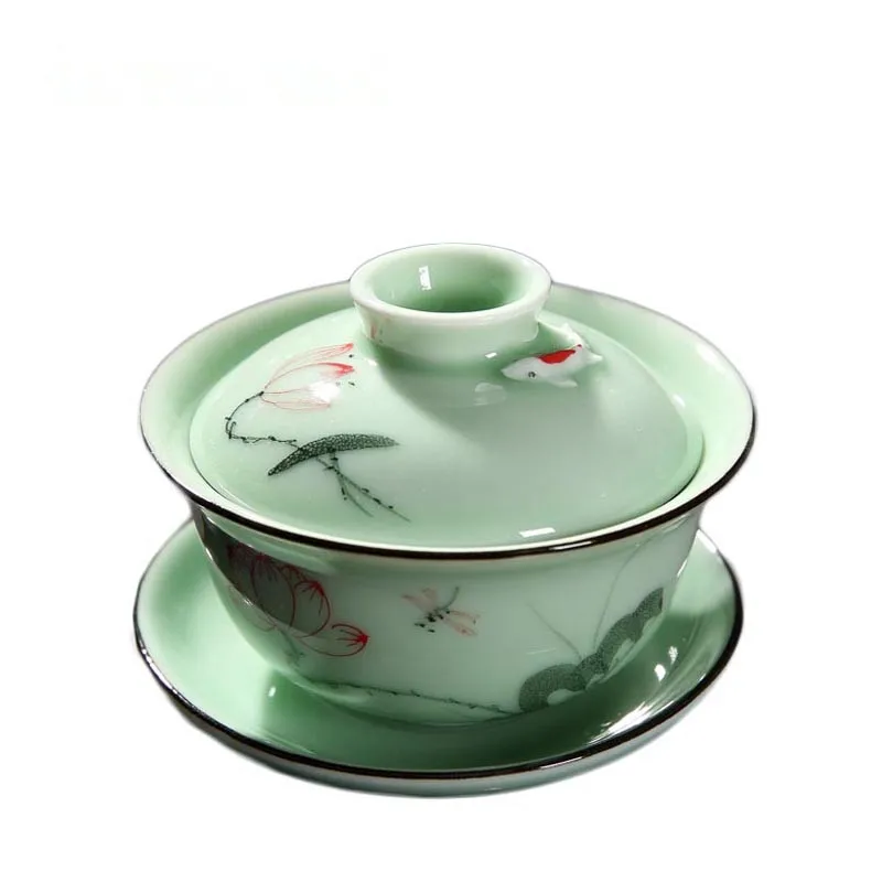 Тисненый Лотос рыба Gaiwan ручная роспись чайный тюрен Longquan узор крышка чайные чаши