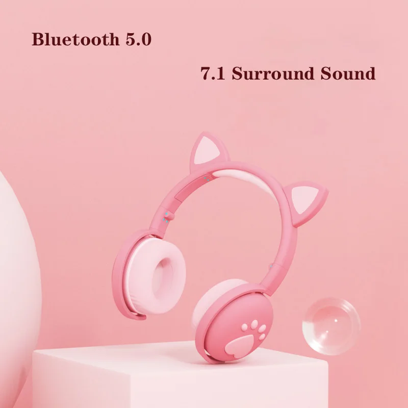 Bluetooth 5 0 Headphones LED Cat Ear Foldable Headset HiFi Stereo bass With Mic 3 5mm plug For Girls Kids Headphone