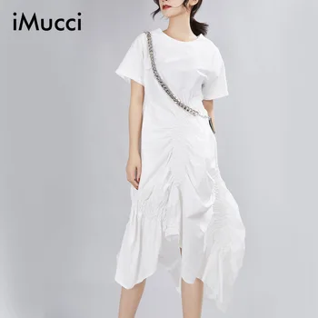 

Dress summer 2020 net red irregular temperament medium long round neck over knee loose Ruffle Skirt 1112