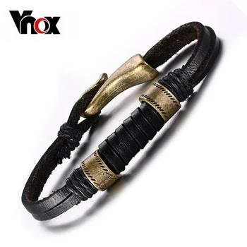 

Vnox Vintage Men Bracelet Black Genuine Leather Retro Alloy Clasp Charm Bracelets
