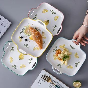 

Ceramic Service Plate Creative Ceramic Plate Dual Handle China Baking Plate Plate Dish Plate Baked Rice Plate Household Baking