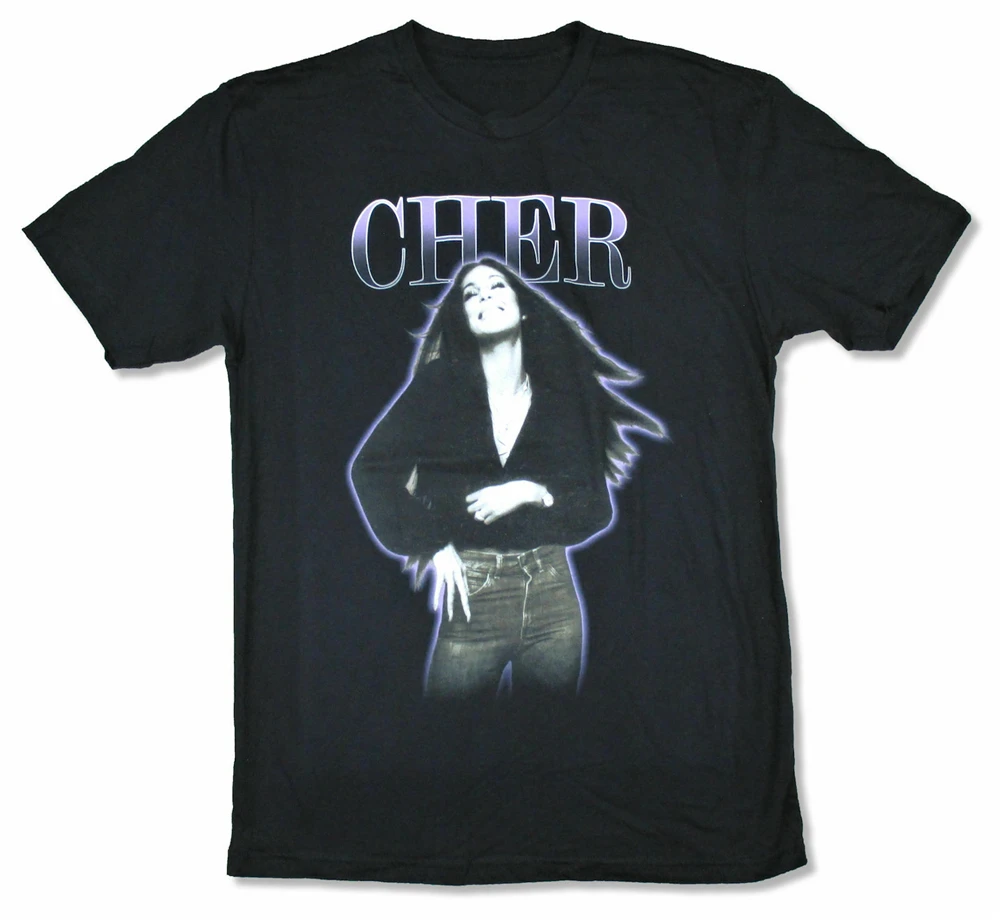 Cher фиолетовый контур винтажная черная футболка с рисунком Новый Мерч Homme