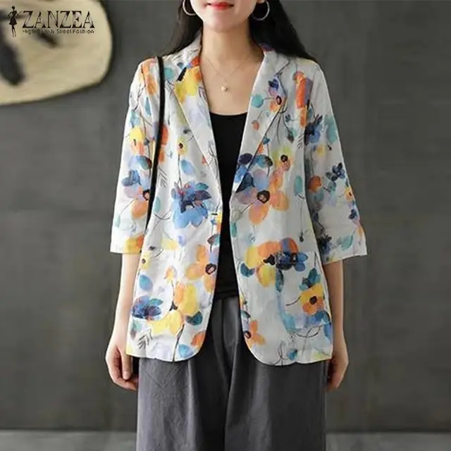 Autumn Floral Printed Blazers ZANZEA Women Long Sleeve Thin Coats Blusas Casual Single Button Tunic Top Female Plus Size