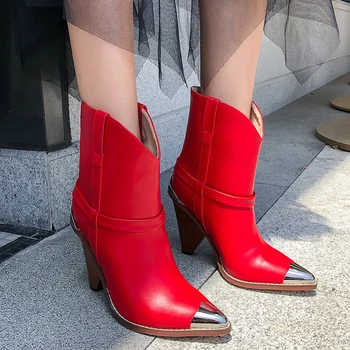 

Women's western boots Genuine leather boots women metal pointed toe high heels autumn winter boots fashion west ankle boots