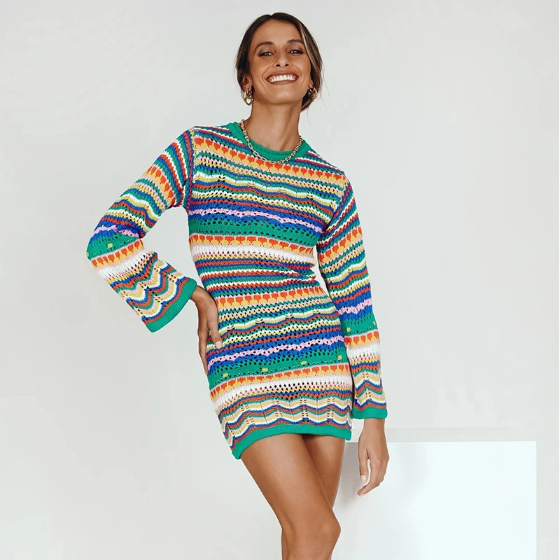 Rainbow Colors Crochet Sweater Dress