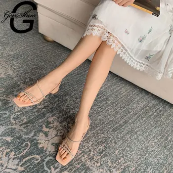 

Genshuo Women's Shoes Chunky Thick Heels Open Toe Summer Sandals Sheepskin Crystal Party Shoes Narrow Band Vintage Wedding Shoes