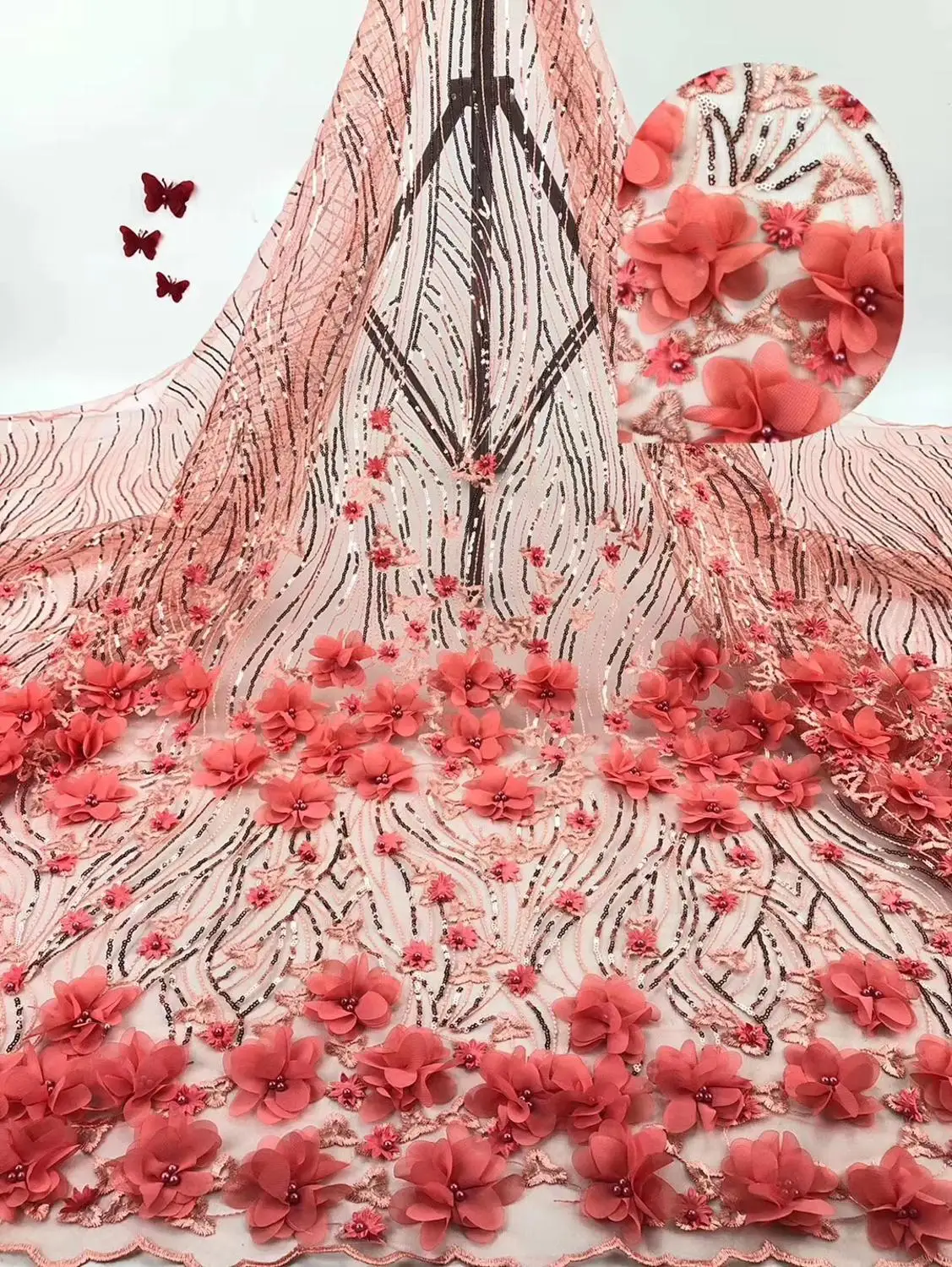 1 ярд красные бусины 3D свадебное платье ткань DIY головной убор невесты аппликация для ткани