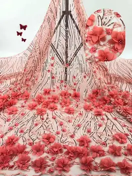 

1 yard red Beads 3D Wedding Dress Fabric DIY Bridal Headdress Lace Fabric Patch