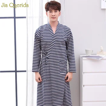 

New Kimono Robes for Men Bathrobe Striped V Collar Pocket Leisure Loose Size Long Sleeves Autumn Spring Lingerie Robe Nightwear