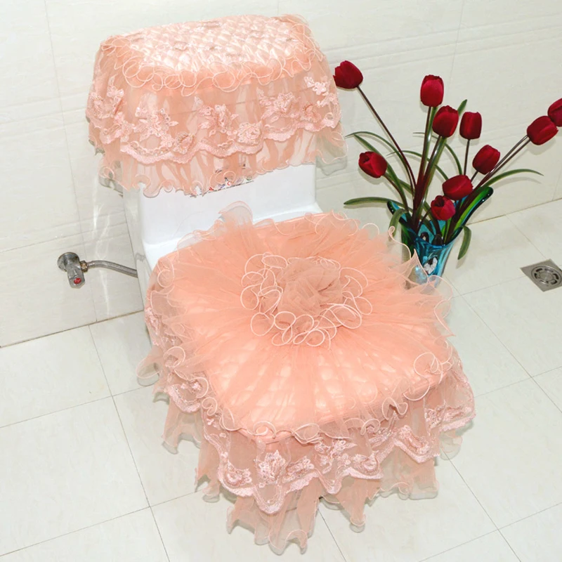 

Elegant 3pcs Lace Designed Cloth Toilet Cover Home Bedroom Pad Tank Lid Set