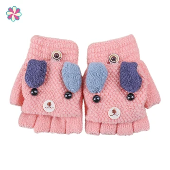 

High Qualitr Winter Warm Kids Boys Girls Cute Plus Velvet Cartoon Flip Top Knit Half Finger Gloves Mittens