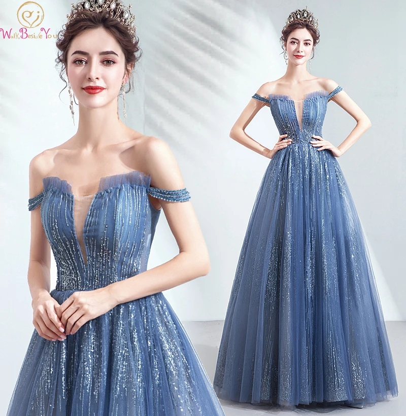 

Blue Bling Sequined Prom Dresses Off The Shoulder Tulle A-Line Formal Party Evening Gowns vestido largo fiesta Walk Beside You