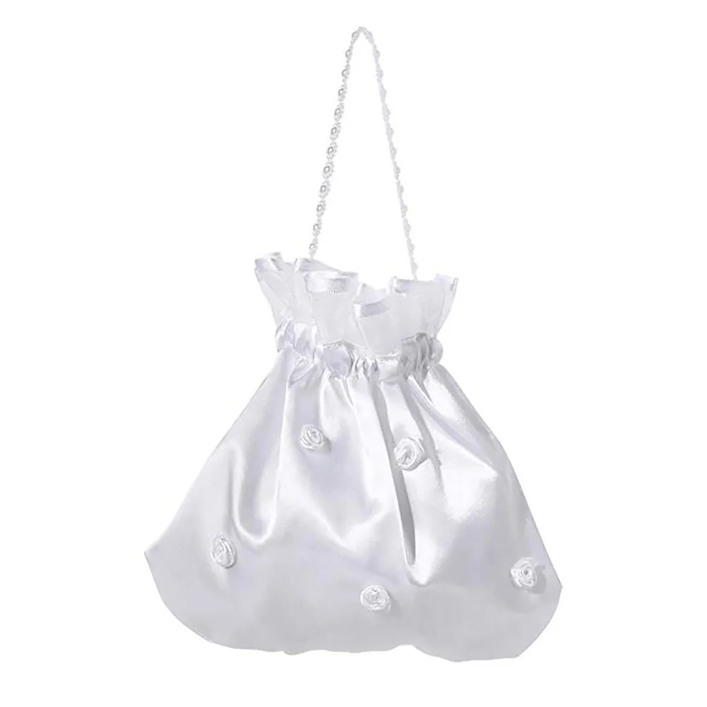 

Portable Soft Bridal Flower Decorated Accessories Mesh Rhinestone Lightweight Wedding Drawstring Lace Edge Evening Party Handbag
