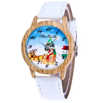

GENBOLI Quartz Watch Xmas Santa Claus Reindeer Background Cowboy Cloth Leather Strap Wooden Round Dial Watches