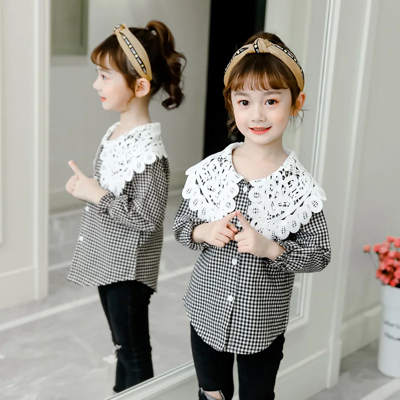New Autumn Plaid Blouses For Teenage Girls Lace Collar Long Sleeve Shirts Tops Kids Casual School Blouse Children Clothing