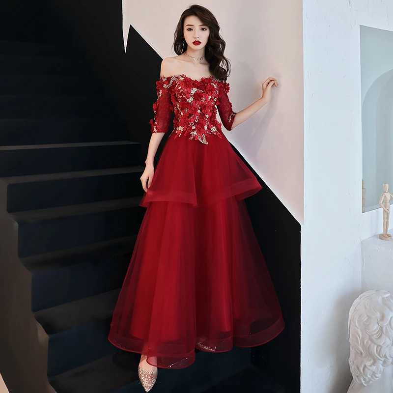 

Burgundy Boat Neck Evening Dress Half Sleeves Appliques A-Line Lace Up Pleat Floor-Length Elegant Woman Formal Party Gowns A1504