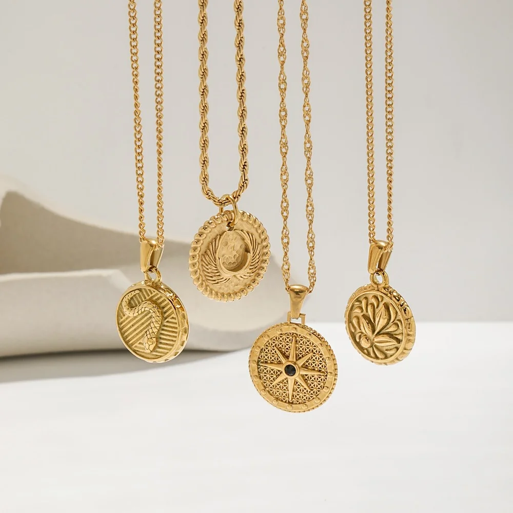 Fine Flower Snake Wings Curved Coin Pendant Medallion Plated Gold Necklaces for Women Stainless Steel Engagement Party Jewelry