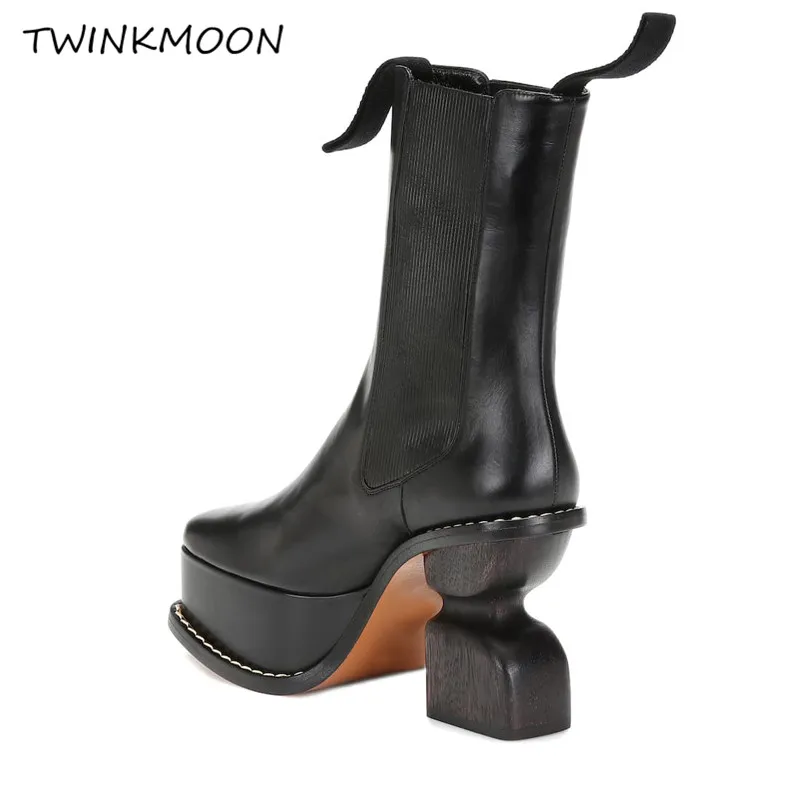Strange Heel Platform Boots Women's Genuine Leather Shoes Black Runway Design Ankle Boots Ladies botas mujer