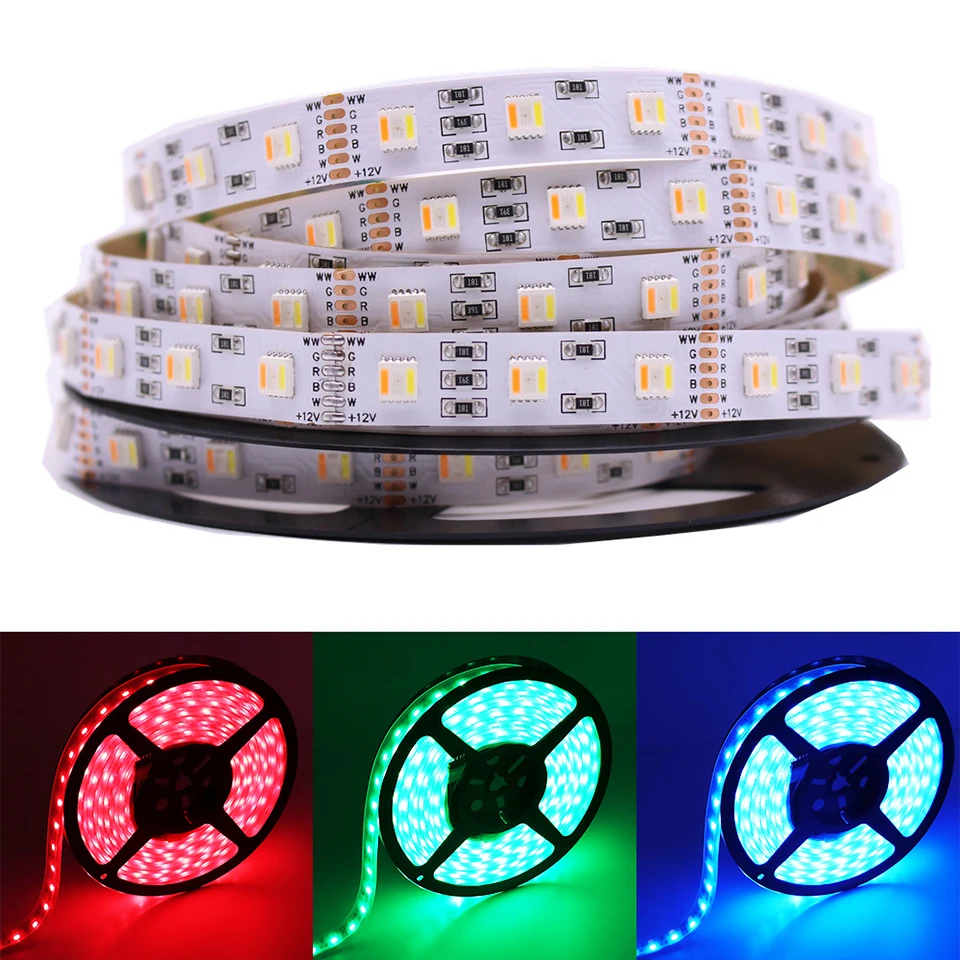 

12MM PCB RGB CCT LED Strip 5050 DC12V/ 24V Flexible Light RGB+White+Warm White 5 Color In 1 LED Chip 60 LED/m 5m/lot Waterproof