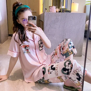 

Fiklyc Pajamas Female Ice Silk Summer Burst Short-Sleeved Trousers Home Service High-Grade Silk Cardigan