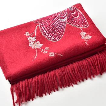 

Butterfly Embroidery Wool Scarf For Women Winter Autumn Sheep Wool Shawls Wraps for Ladies Tassels Warm Large Fine Wool Scarves