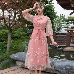 Реформация Hanfu женское кружевное платье феи народный карнавальный наряд костюм для классических танцев Восточная Вышивка Одежда для