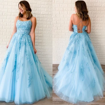 

Light Sky Blue Prom Dresses 2020 with Applique Beading A-Line Spaghetti Strap Tulle Backless Sexy Formal Long Evening Gwons