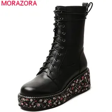 MORAZORA 2020 new fashion wedges platform boots women genuine leather shoes lace up round toe flower punk ankle  boots female