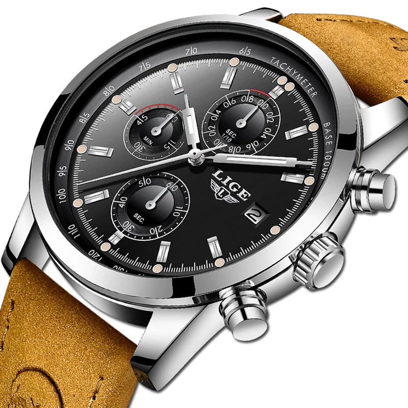 

LIGE Mens Watches Top Brand Luxury Leather Casual Quartz Watch Men Military Sport Waterproof Clock Chronograph Relogio Masculino