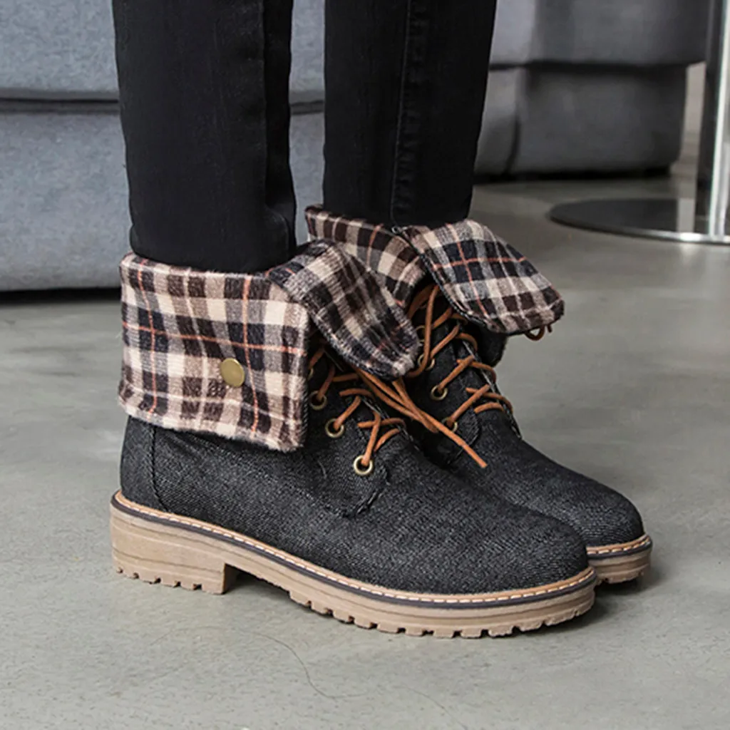 

New Arrival Large Size Boots Women Round Toe Denim Booties Ladies Anti Skid Lace-Up Med Heel Shoes Winter Ankle Boots 35-43 Shoe