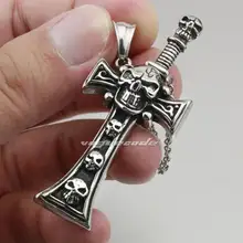 LINSION 316L нержавеющая сталь Череп меч кулон крест мужские Байкер рок панк кулон 2Q032 сталь ожерелье 24 дюйма