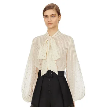 

2020 Autumn Winter New Pattern Fashion Versatile Cat Collar Puff Sleeve Metallicity Temperament Polka Dot Lace Up Blouse