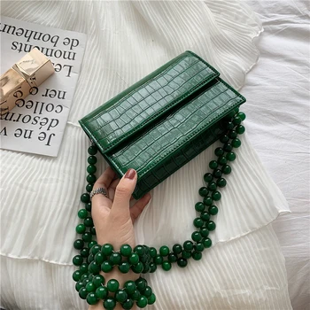 

Burminsa Korean Style Mini Bead Chain Girls Crossbody Bags Chic Design Stone Pattern Flap Women Shoulder Bags 2020 Green Black