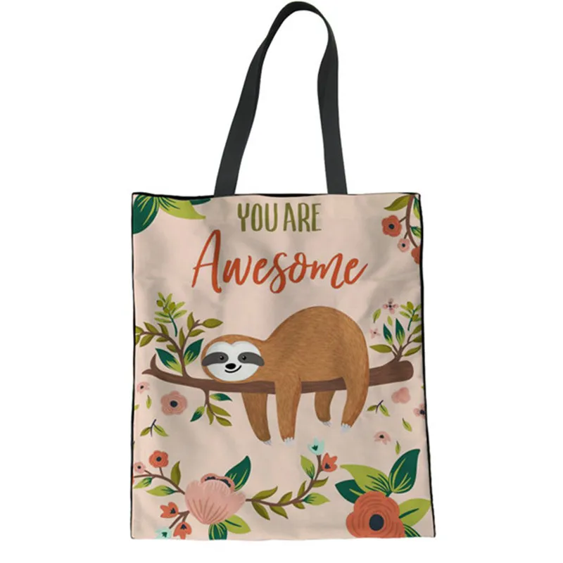 

Shopper Bags for Women Cute Animal Sloth Printed Linen Female eco Tote Shoulder Bags Mom Reusable Shipping Bags 2019