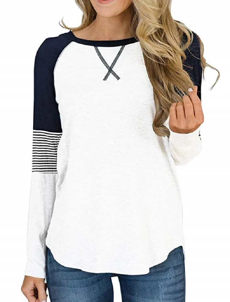 Tanie YELITE Plus Size z długim rękawem T koszula kobiety O Neck kolor Patchwork Top Tees Casual Tshirt Pullover kobiet 2019 jesień ubrania