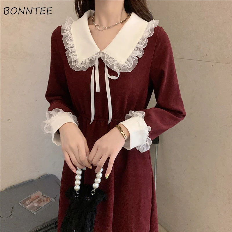 Long Sleeve Dress Women Peter Pan Collar Spring Patchwork French Retro Elegant Tunic Mid-calf College All-match Vestidos Chic dress shops