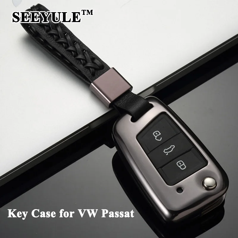 

1pc SEEYULE Aluminum Alloy Top Grade Car Key Case Cover with Genuine Leather Belt Key Shell Protector Accessories for VW Passat