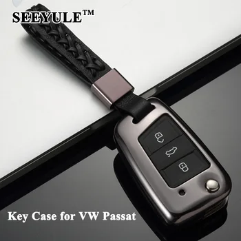 

1pc SEEYULE Aluminum Alloy Top Grade Car Key Case Cover with Genuine Leather Belt Key Shell Storage Bag Protector for VW Passat