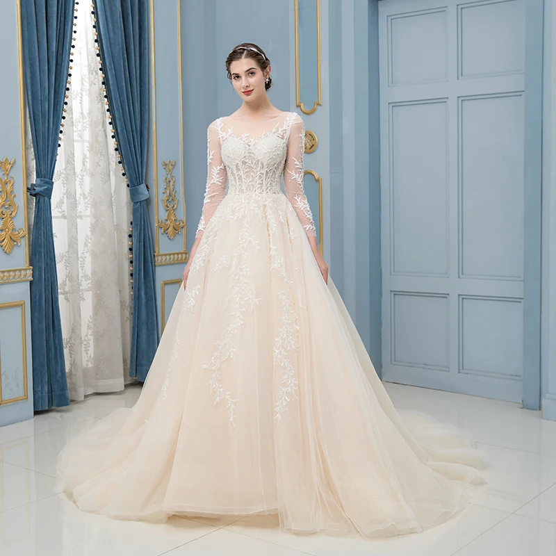 DressbLee Роскошные свадебные платья цвета шампанского с длинными рукавами со шлейфом свадебное платье ручной работы вышитый бисером кружева для невесты платье vestido-de-noiva - Цвет: Champagne