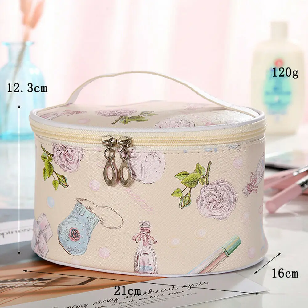 Newest Hot Women Waterproof Makeup Bag Cosmetic Bags Travel Toiletry Wash Case PU Leather Luxury Floral Printed Bags - Цвет: Бежевый