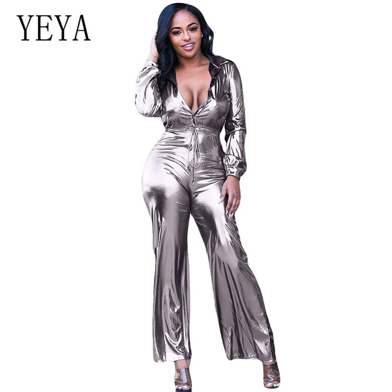 

YEYA Plus Size XXL Stylish Elegant Reflective Women Rompers Overalls Autumn New Arrival Smooth Reflection Femme Loose Playsuits