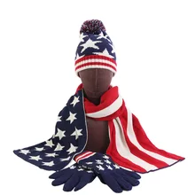 

Winter Christmas USA UK Flag Pattern Design Knitted Hat Parent-Child Beanie Scarf Glove Unisex 3 Pieces Set Gift Keep Warm Suit
